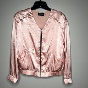 ASTR THE LABEL Women's Pink Shiny Satin Zip Front Bomber Jacket Pockets Size S